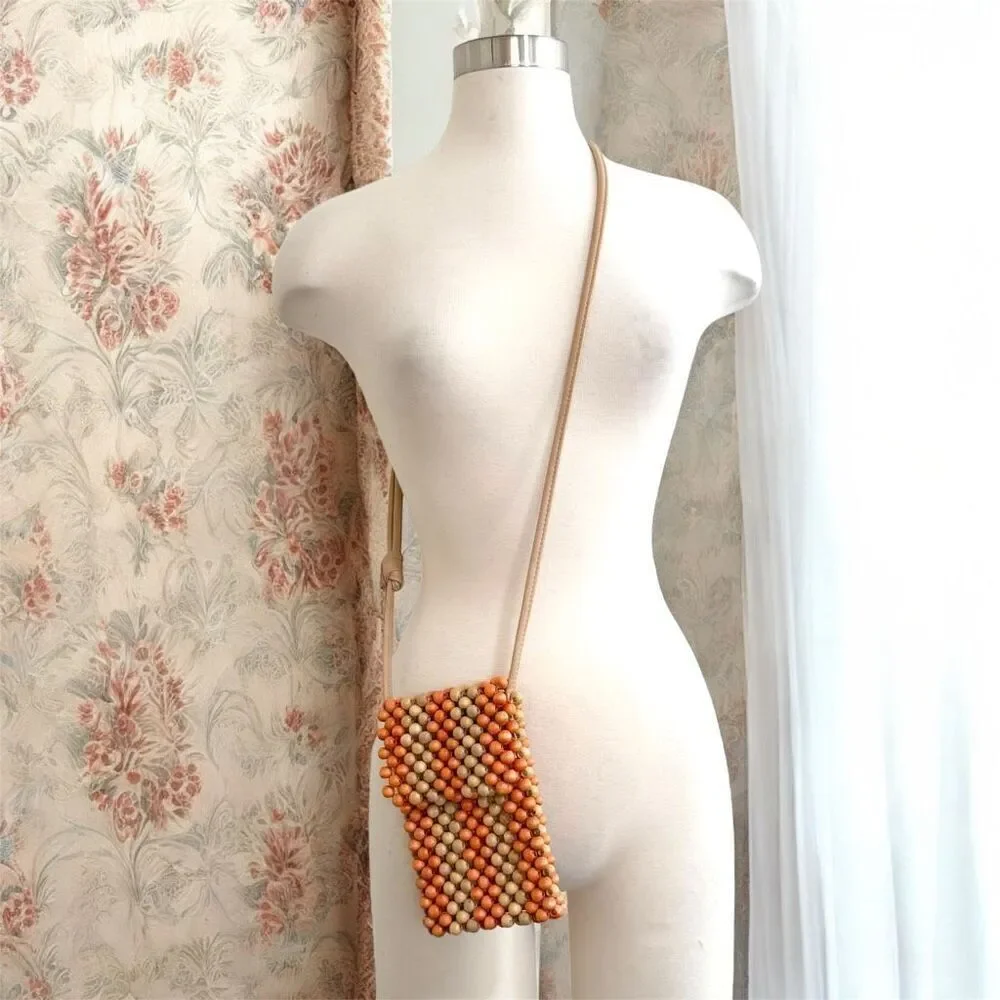 Vintage 1970s Bead Beaded Crossbody Purse Small